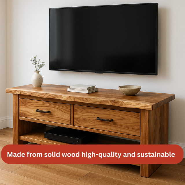 Handcrafted Solid Wood TV Stand – Natural Hickory Media Console with Drawers and Open Shelf