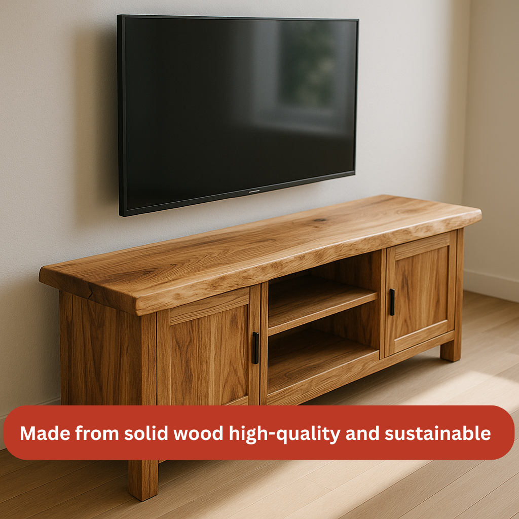 Handcrafted Solid Wood TV Stand – Rustic Hickory Media Console with Cabinets and Open Shelves