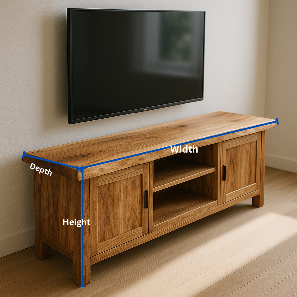 Handcrafted Solid Wood TV Stand – Rustic Hickory Media Console with Cabinets and Open Shelves