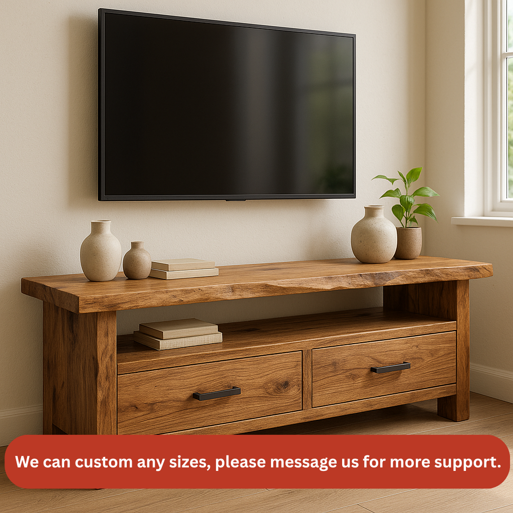 Handcrafted Solid Wood TV Stand – Rustic Hickory Media Console with Drawers and Live Edge Top