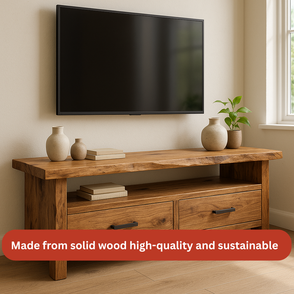Handcrafted Solid Wood TV Stand – Rustic Hickory Media Console with Drawers and Live Edge Top