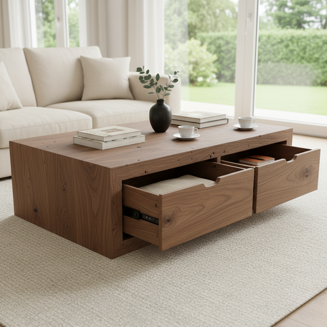 Handcrafted Solid Wood Coffee Table with Drawers – Modern Minimalist Design and Hidden Storage