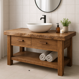 Handcrafted Solid Wood Bathroom Vanity with Live Edge Top and Open Shelf Storage