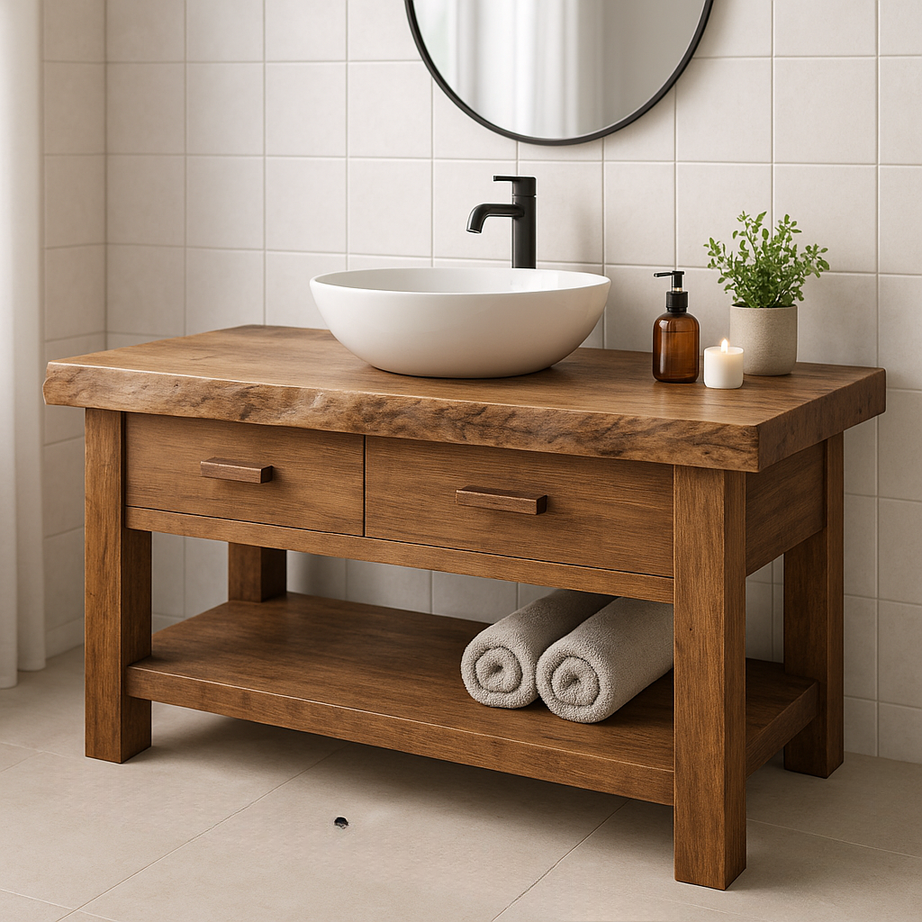 Handcrafted Solid Wood Bathroom Vanity with Live Edge Top and Open Shelf Storage