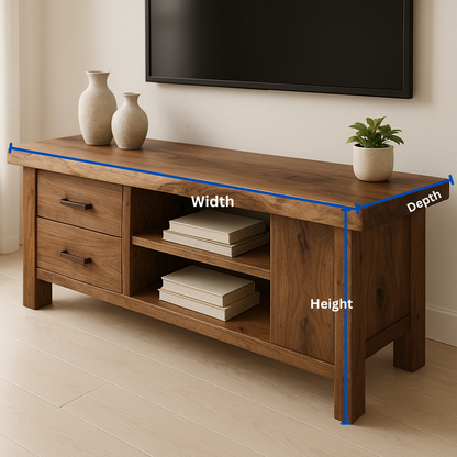 Handcrafted Solid Wood TV Stand – Rustic Walnut Media Console with Drawers and Open Shelves