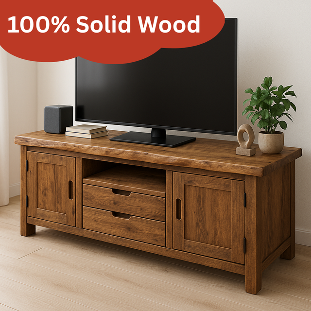 Handcrafted Solid Wood TV Stand – Rustic Walnut Media Console with Drawers and Cabinets