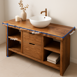 Handcrafted Solid Wood Bathroom Vanity with Live Edge Top and Open Shelves