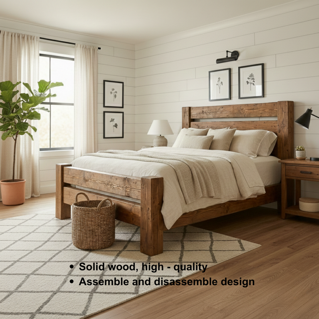 Handcrafted Rustic Solid Wood Bed Frame with Farmhouse Headboard