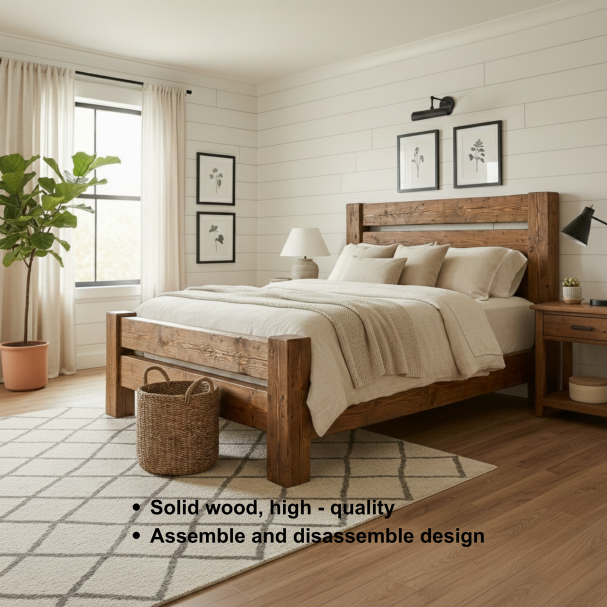 Handcrafted Rustic Solid Wood Bed Frame with Farmhouse Headboard