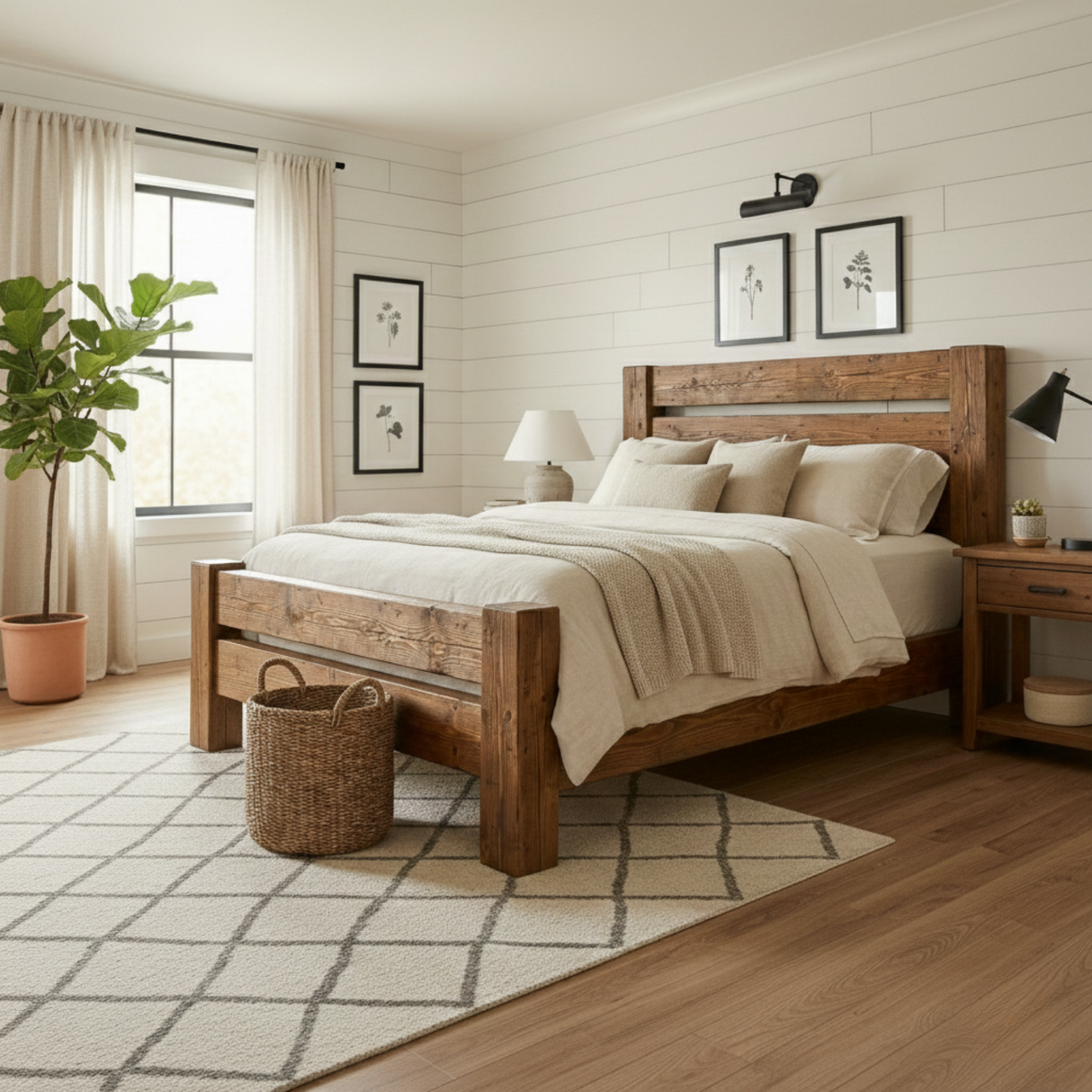 Handcrafted Rustic Solid Wood Bed Frame with Farmhouse Headboard