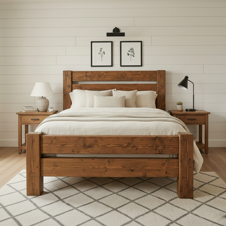 Handcrafted Rustic Solid Wood Bed Frame with Farmhouse Headboard