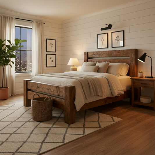 Handcrafted Rustic Solid Wood Bed Frame with Farmhouse Headboard