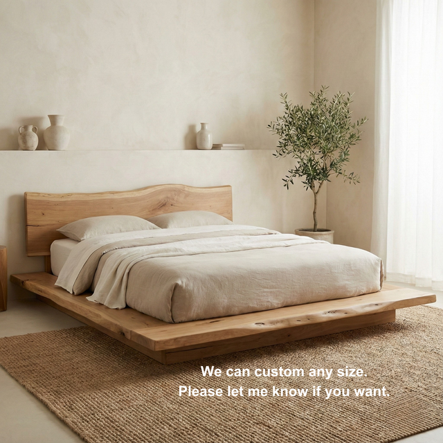 Handcrafted Solid Wood Japandi Platform Bed with Natural Live-Edge Headboard