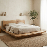 Handcrafted Solid Wood Japandi Platform Bed with Natural Live-Edge Headboard