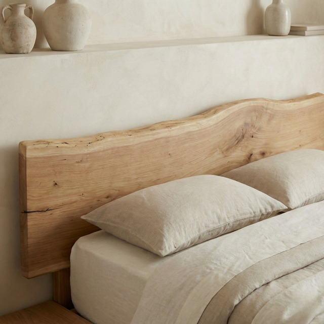Handcrafted Solid Wood Japandi Platform Bed with Natural Live-Edge Headboard