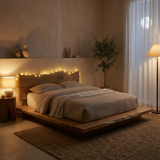 Handcrafted Solid Wood Japandi Platform Bed with Natural Live-Edge Headboard