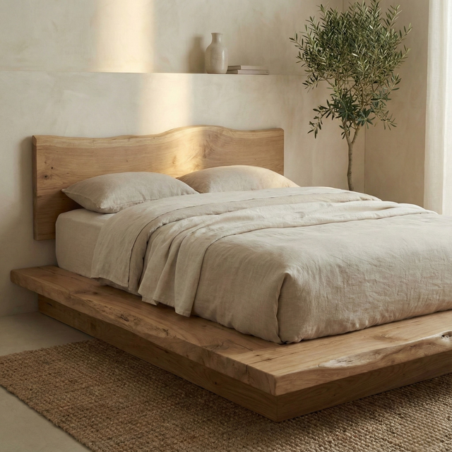 Handcrafted Solid Wood Japandi Platform Bed with Natural Live-Edge Headboard