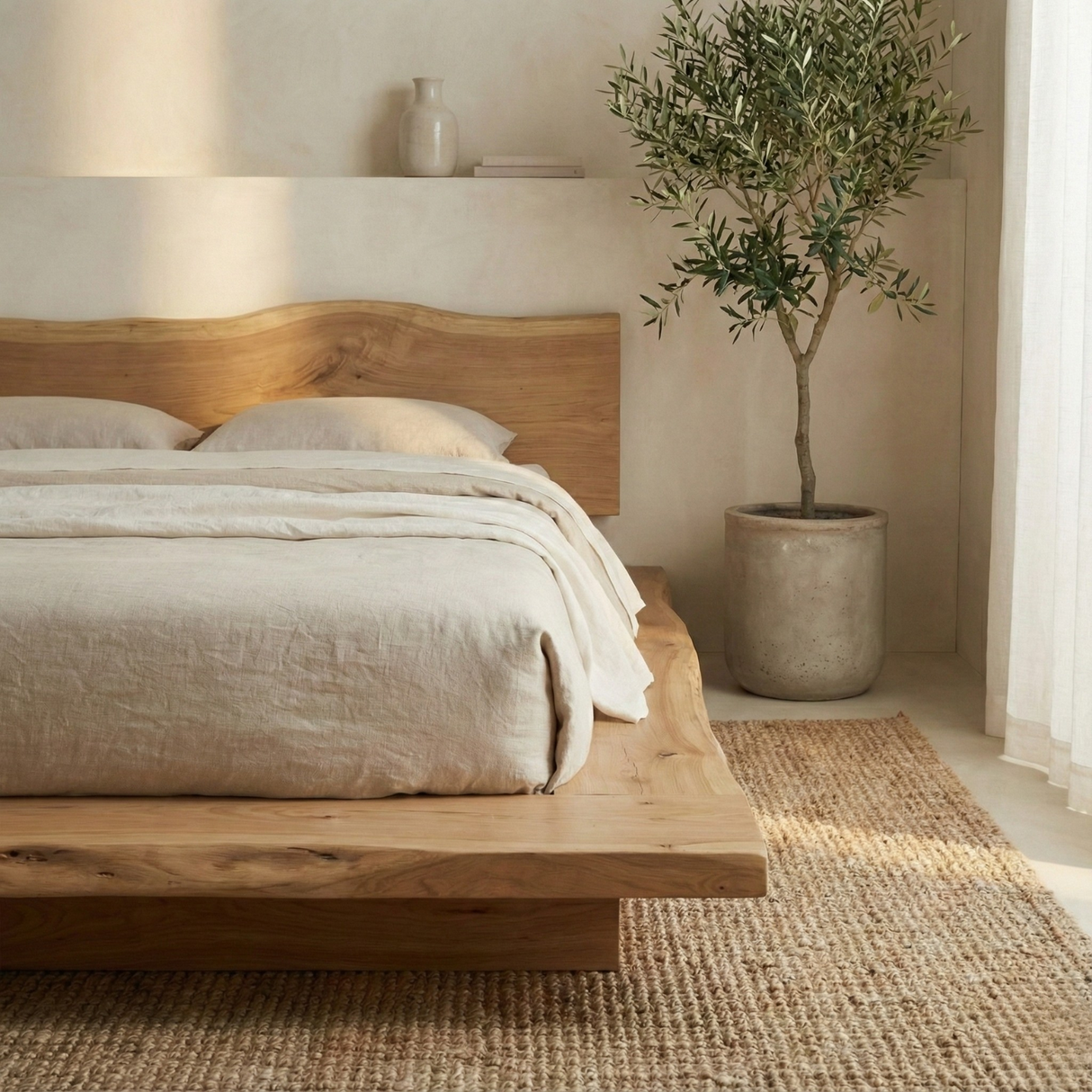 Handcrafted Solid Wood Japandi Platform Bed with Natural Live-Edge Headboard