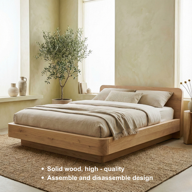 Handcrafted Solid Wood Japandi Platform Bed with Rounded Headboard