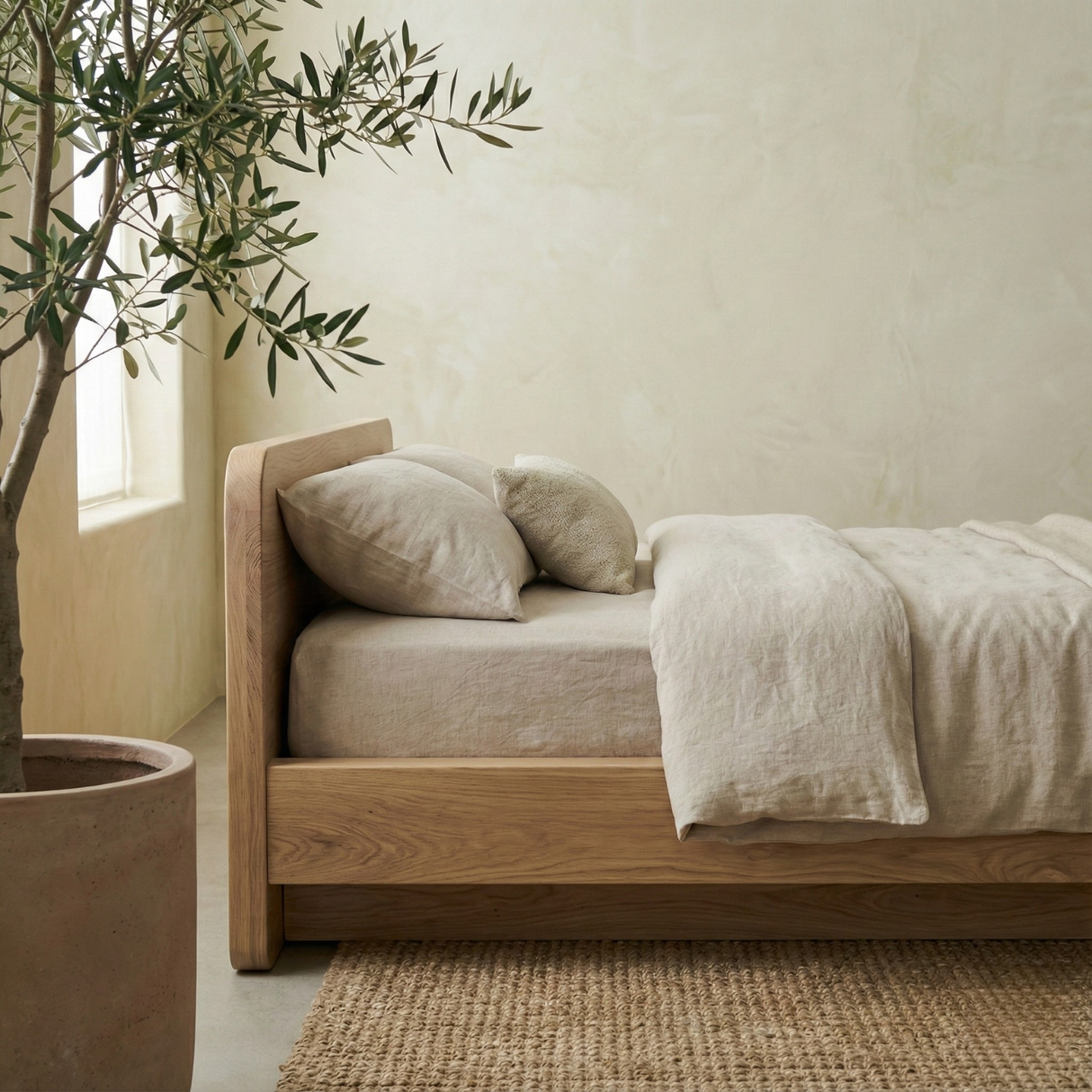 Handcrafted Solid Wood Japandi Platform Bed with Rounded Headboard