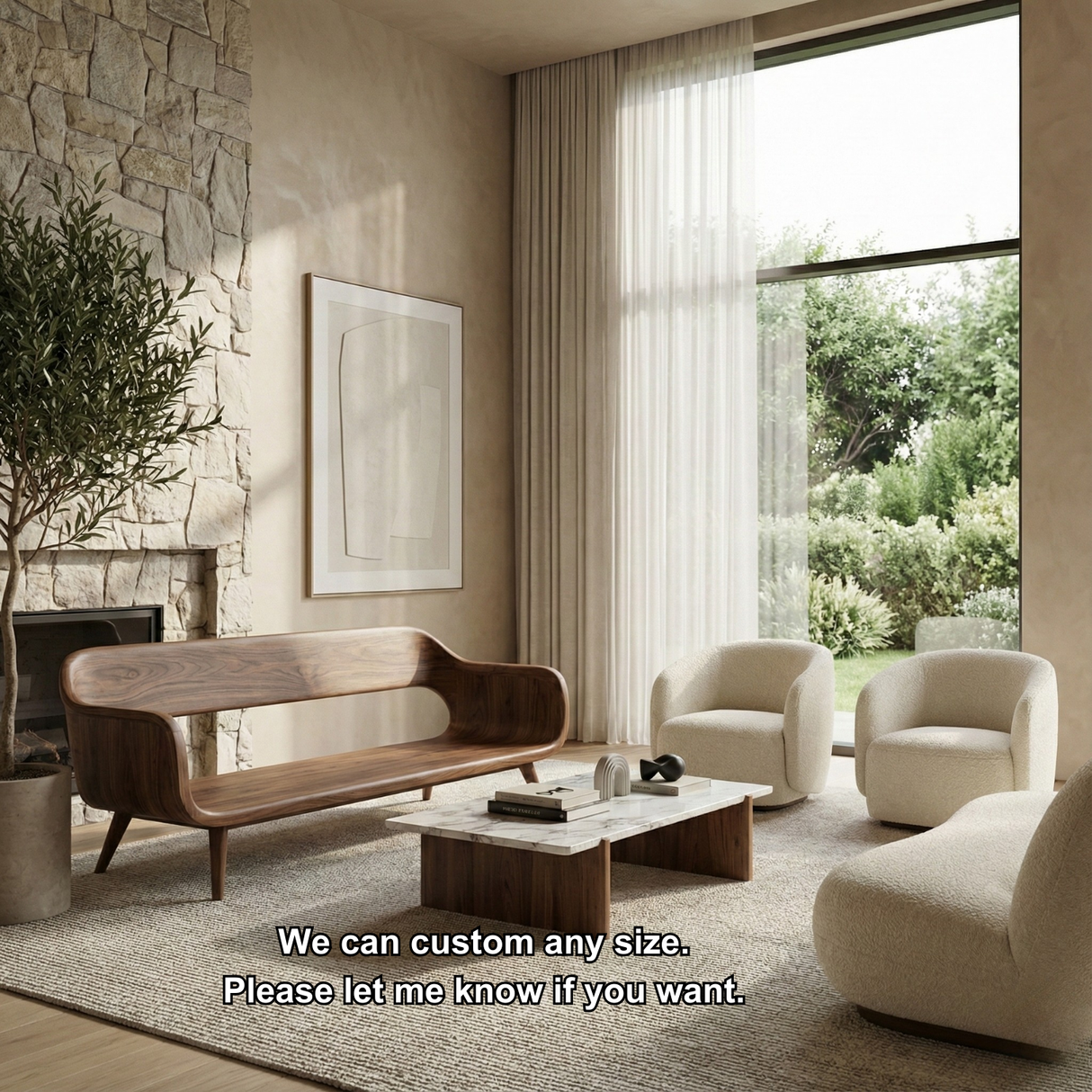 Handcrafted Solid Wood Organic Modern Sofa with Sculpted Curved Form