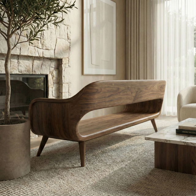 Handcrafted Solid Wood Organic Modern Sofa with Sculpted Curved Form