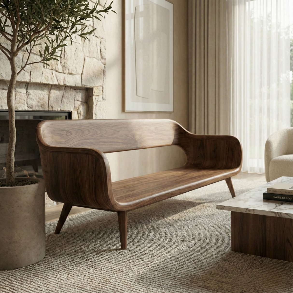 Handcrafted Solid Wood Organic Modern Sofa with Sculpted Curved Form