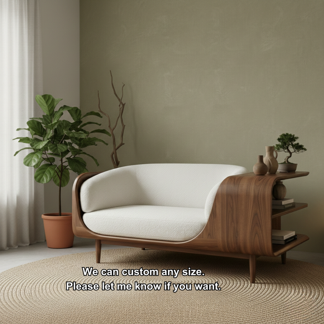 Handcrafted Solid Wood Organic Modern Sofa with Integrated Sculpted Side Shelves