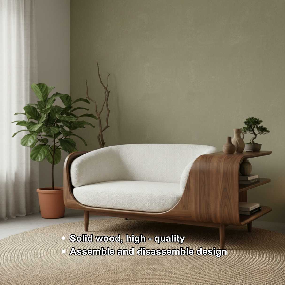 Handcrafted Solid Wood Organic Modern Sofa with Integrated Sculpted Side Shelves