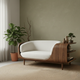 Handcrafted Solid Wood Organic Modern Sofa with Integrated Sculpted Side Shelves