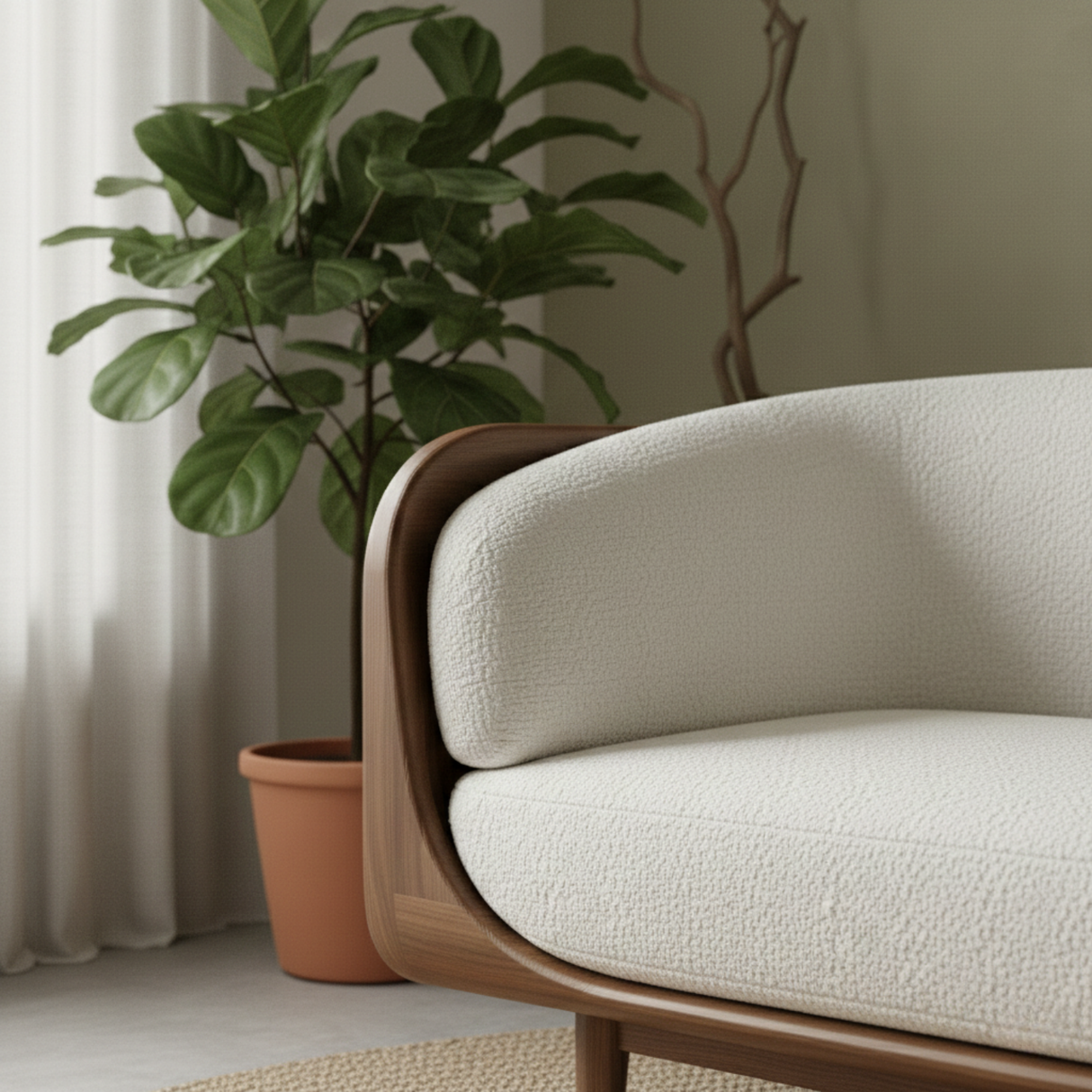 Handcrafted Solid Wood Organic Modern Sofa with Integrated Sculpted Side Shelves