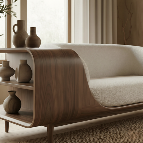 Handcrafted Solid Wood Organic Modern Sofa with Integrated Side Storage Shelves
