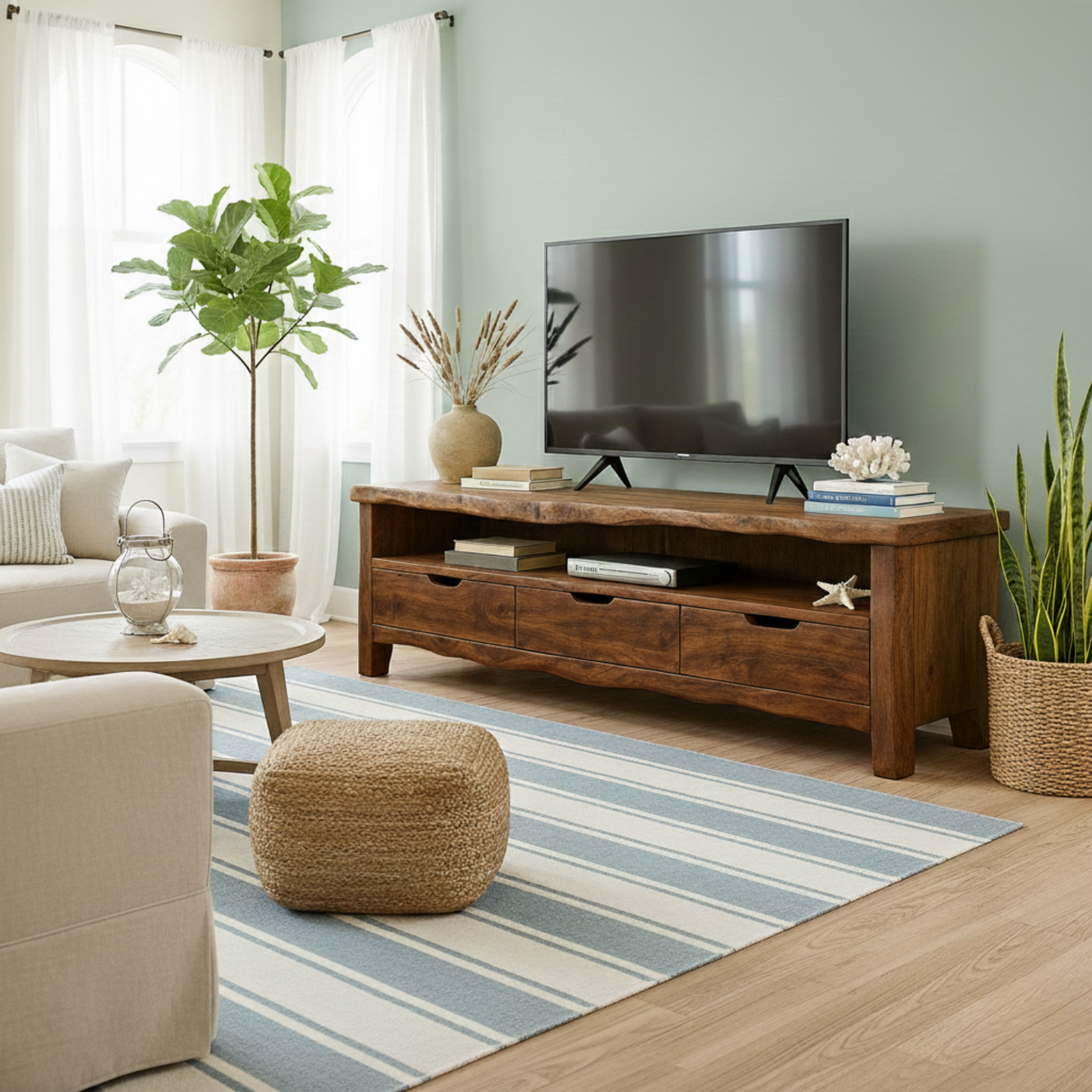 Handcrafted Solid Wood TV Stand with Organic Live Edge – Rustic Media Console with Drawers & Open Shelf