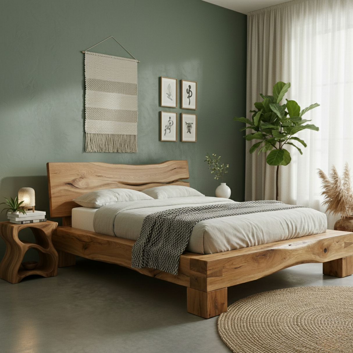 Handcrafted Solid Wood Live-Edge Bed Frame with Organic Natural Headboard