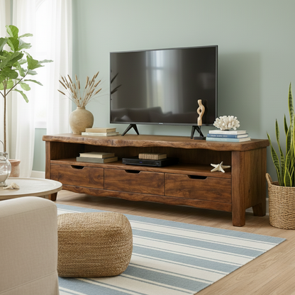 Handcrafted Solid Wood TV Stand with Organic Live Edge – Rustic Media Console with Drawers & Open Shelf