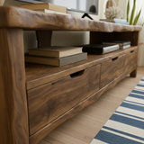Handcrafted Solid Wood TV Stand with Organic Live Edge – Rustic Media Console with Drawers & Open Shelf