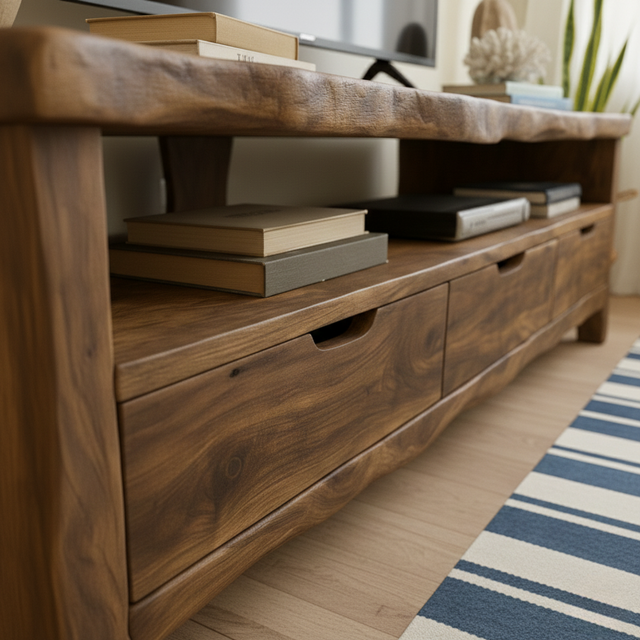 Handcrafted Solid Wood TV Stand with Organic Live Edge – Rustic Media Console with Drawers & Open Shelf
