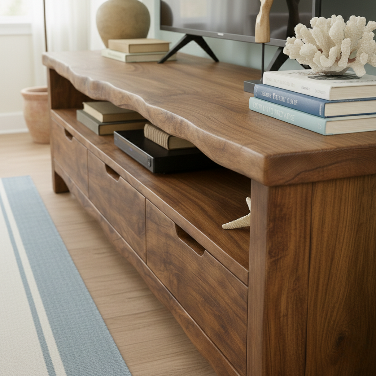 Handcrafted Solid Wood TV Stand with Organic Live Edge – Rustic Media Console with Drawers & Open Shelf