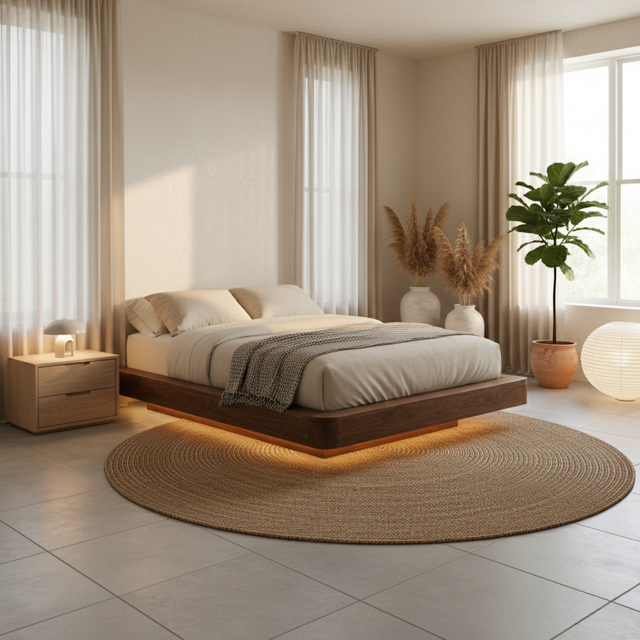 Handcrafted Solid Wood Floating Bed Frame with Modern Platform Design