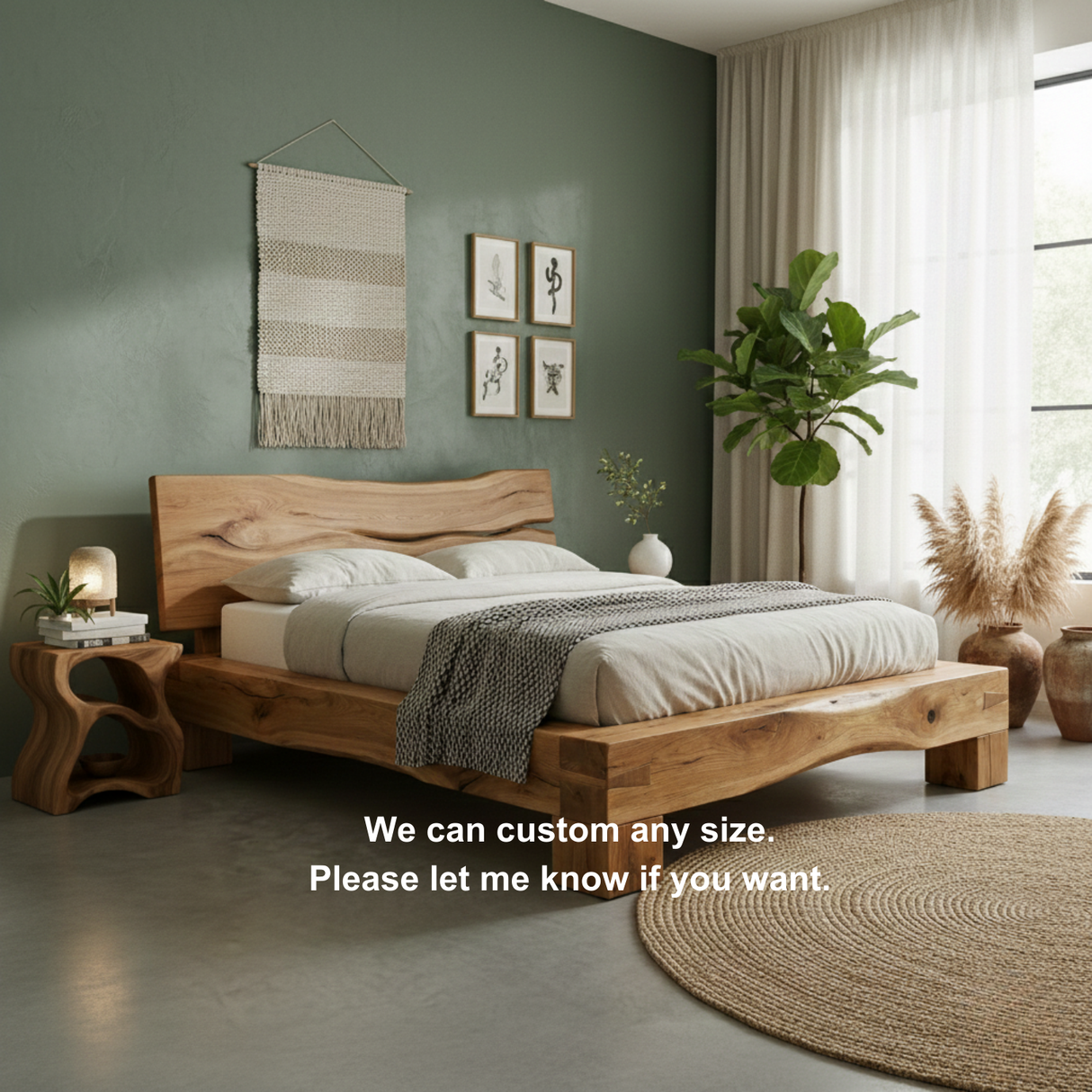 Handcrafted Solid Wood Live-Edge Bed Frame with Organic Natural Headboard