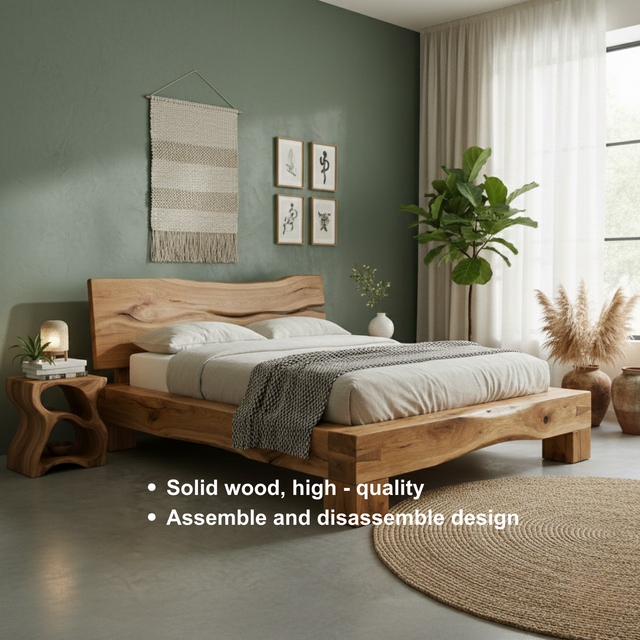 Handcrafted Solid Wood Live-Edge Bed Frame with Organic Natural Headboard
