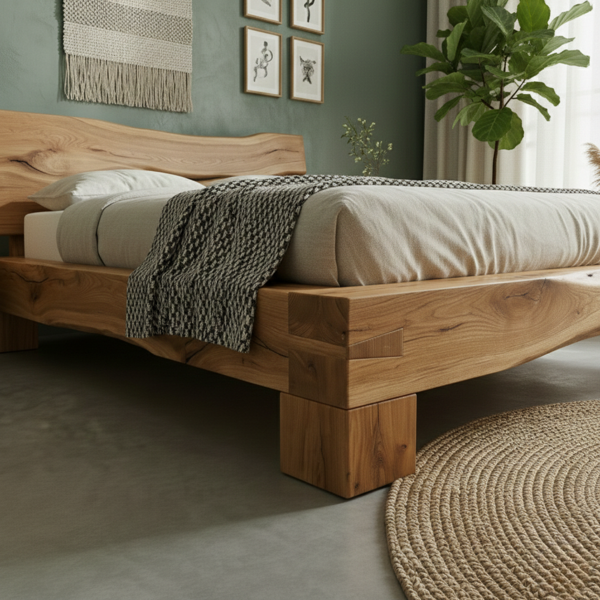 Handcrafted Solid Wood Live-Edge Bed Frame with Organic Natural Headboard