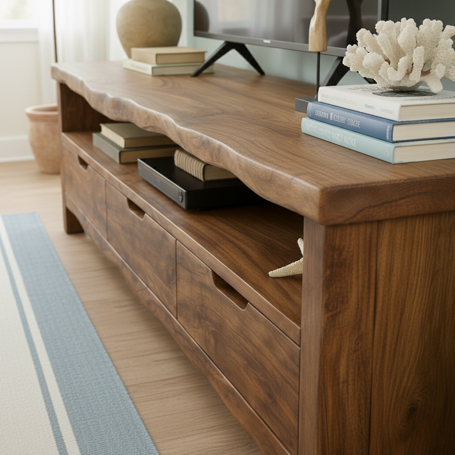 Handcrafted Solid Wood TV Stand with Organic Live Edge – Rustic Media Console with Drawers & Open Shelf