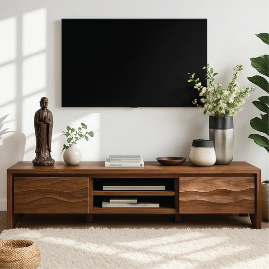Handcrafted Solid Wood TV Stand – Modern Wavy Pattern Media Console for Living Room