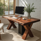 Handcrafted Solid Wood Work Desk – Live Edge Office Table with X-Leg Base and Natural Finish