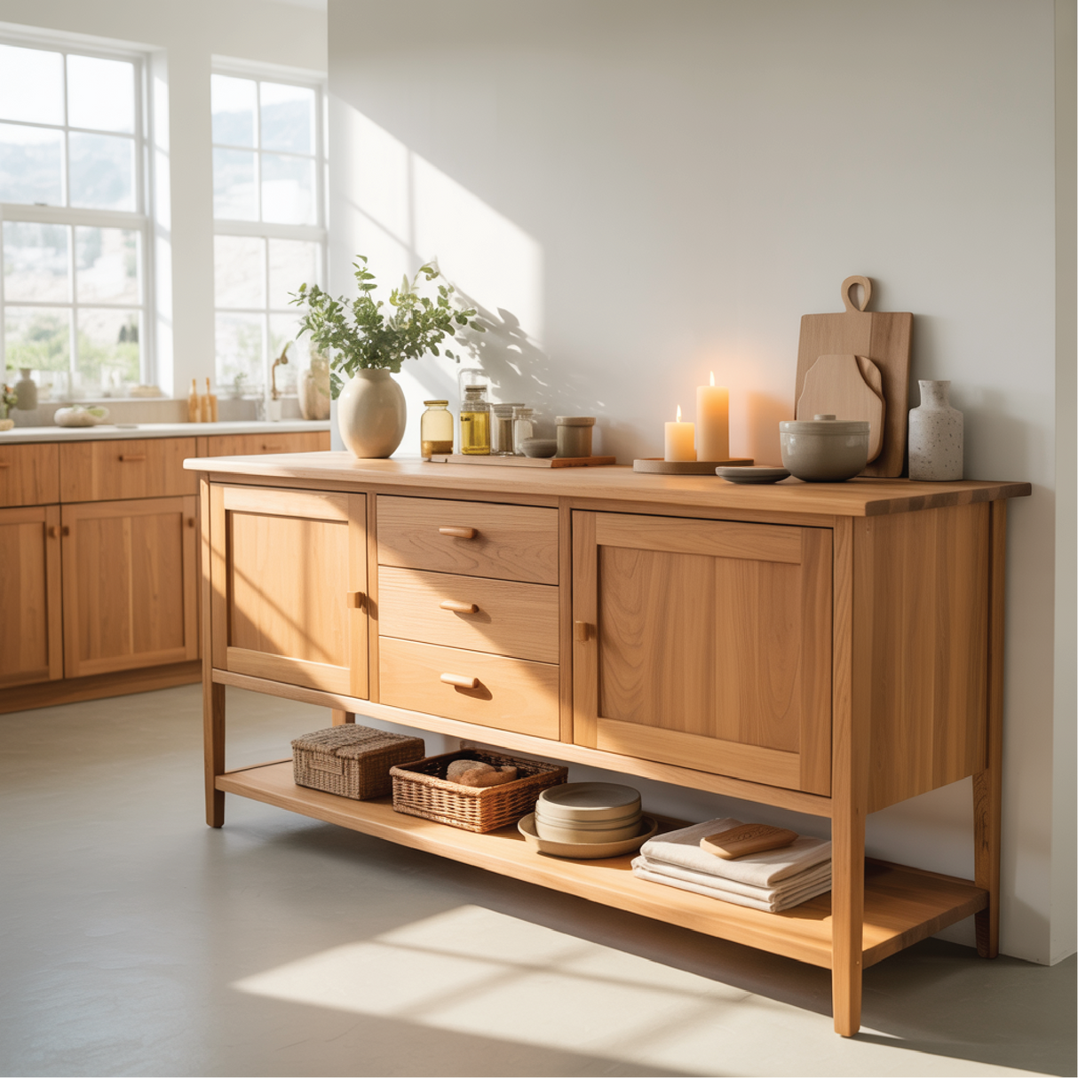 Handcrafted Solid Wood Dining Storage Sideboard with Cabinets, Drawers, and Open Bottom Shelf