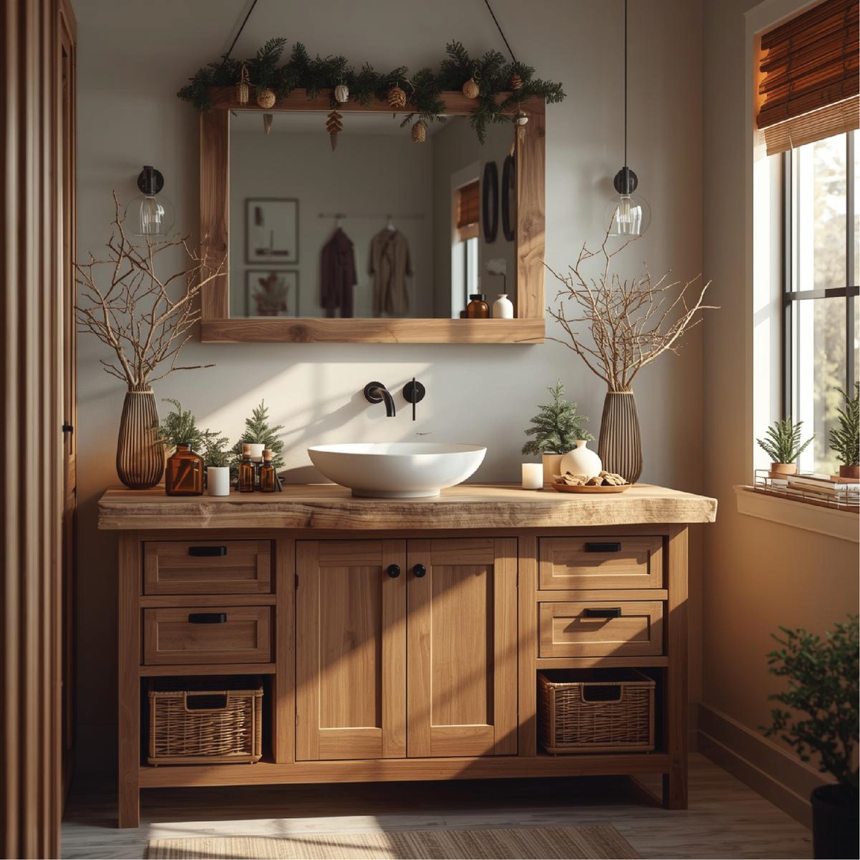 Handcrafted Solid Wood Bathroom Vanity with Live Edge Top and Rustic Storage Design