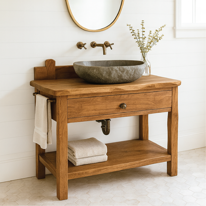 Handcrafted Solid Wood Bathroom Vanity with Drawer and Shelf for Rustic Farmhouse Interior Design