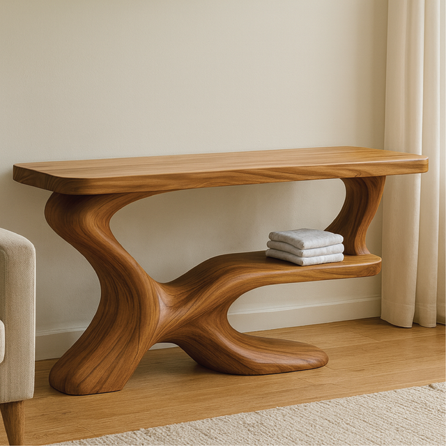 Handcrafted Solid Wood Console Table with Organic Sculptural Design for Modern Minimalist Homes