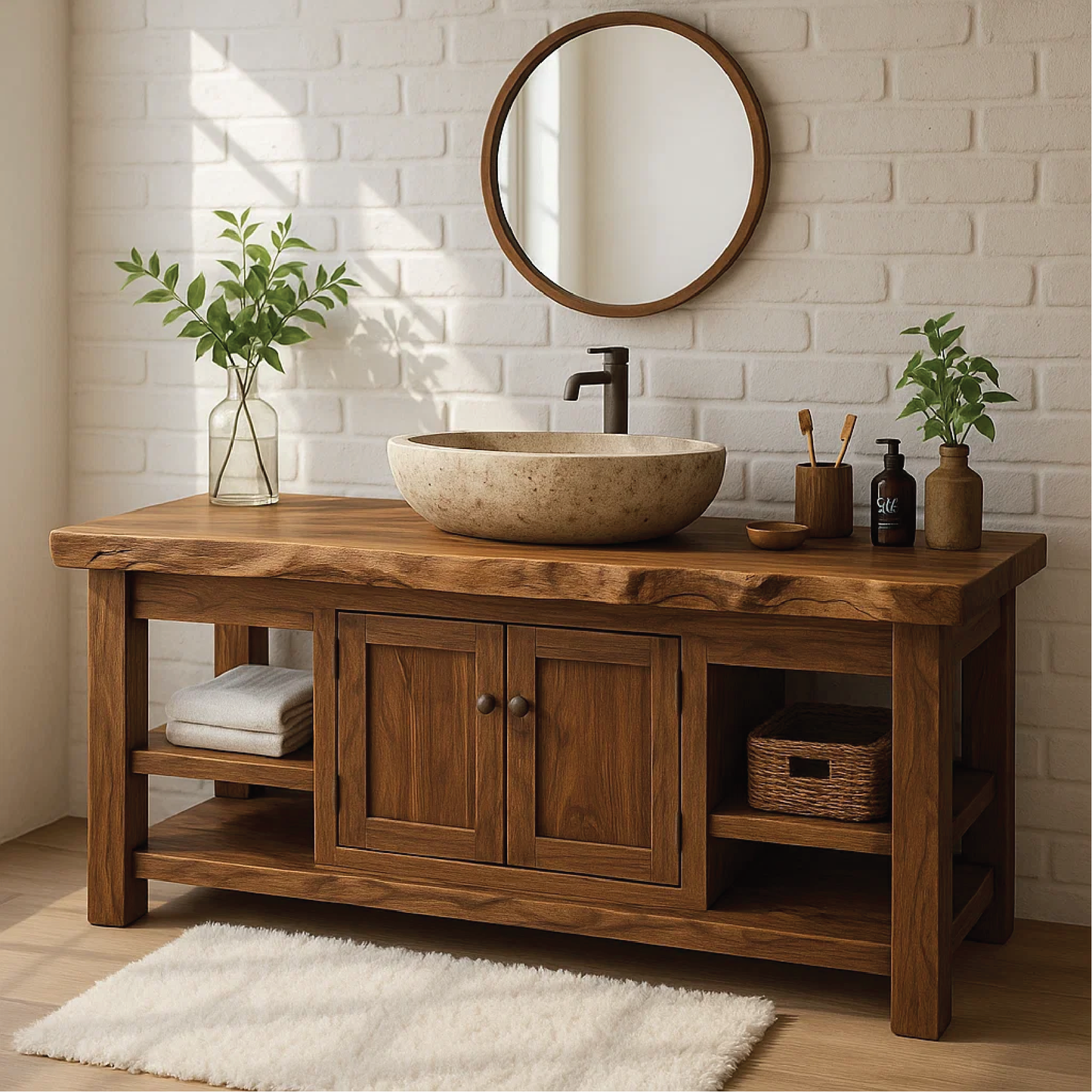 Handcrafted Solid Wood Vanity with Natural Live Edge and Double Door Storage Design